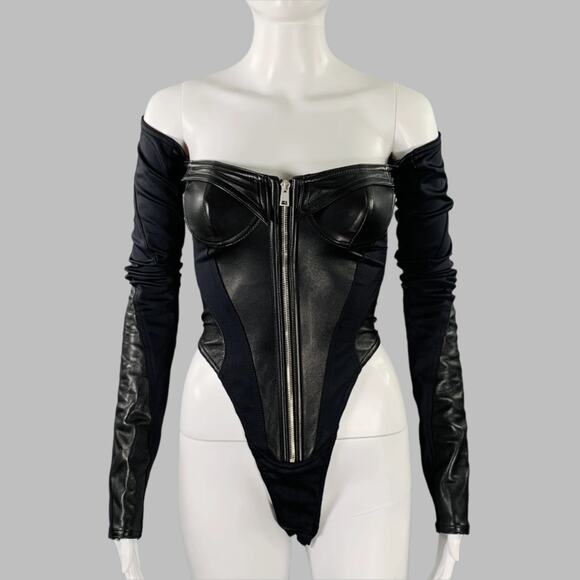 Mugler Pants - MUGLER Size 2 Black Lambskin Nylon Blend Bodysuit